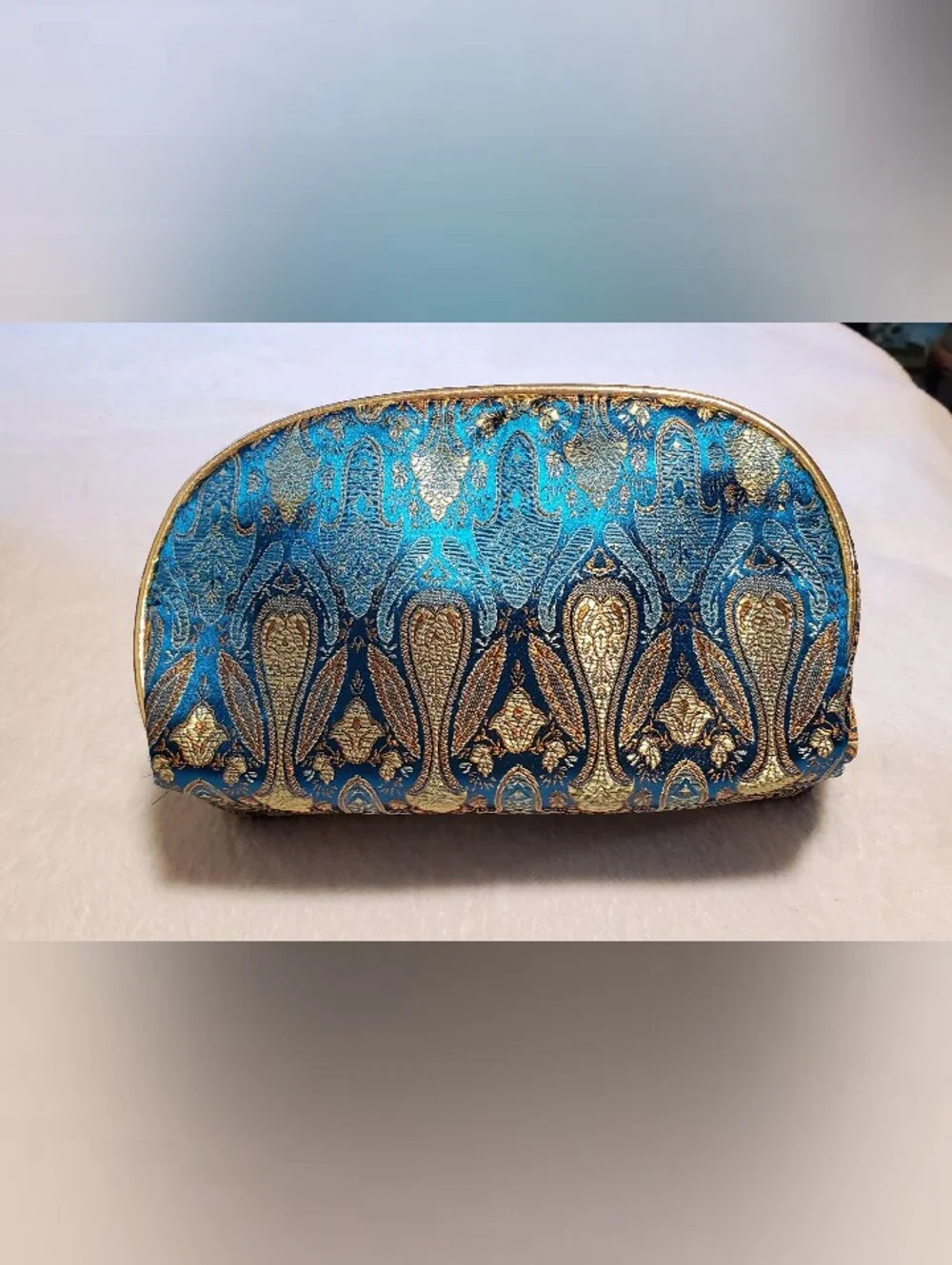 Vintage Stephanie Johnson Teal & Gold Brocade Travel Cosmetic Case